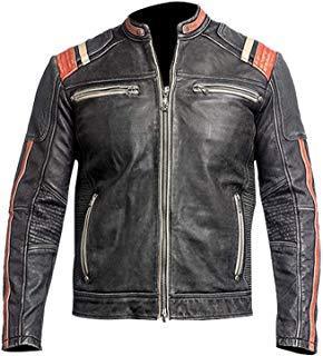 Retro 3 Men Vintage Biker Motorcycle Distressed Leather Jacket Moto Black