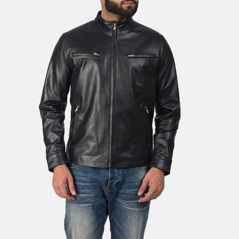 Cafe Racer Austere Black Leather Biker Jacket