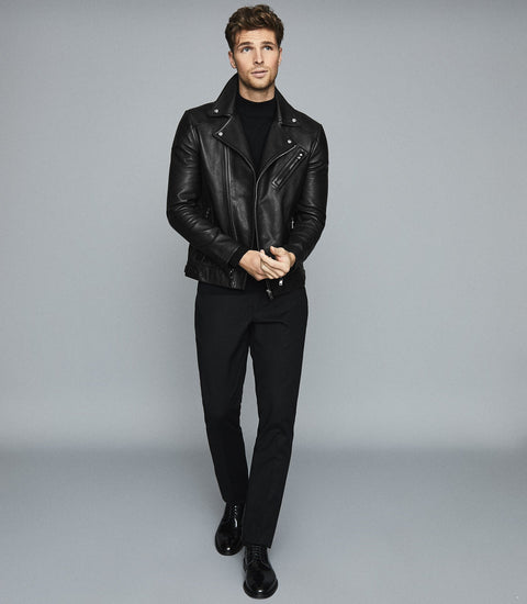 REISS MIMO LEATHER BIKER JACKET BLACK