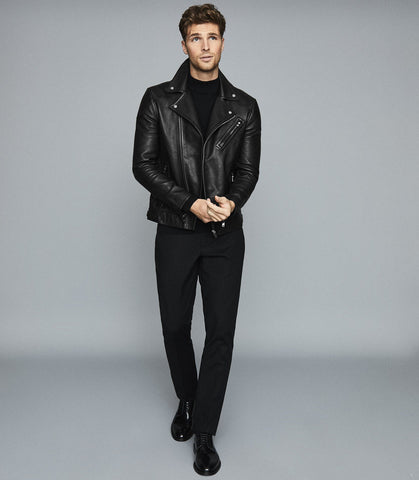 REISS MIMO LEATHER BIKER JACKET BLACK